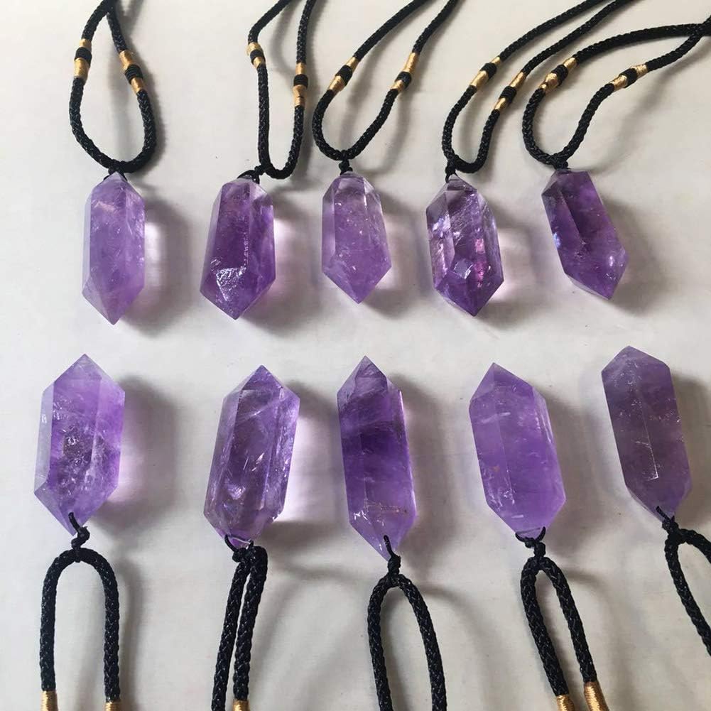 Yaoyodd19 Faux Amethyst Double Terminated Hexagonal Wand Pendant Point Healing Necklace