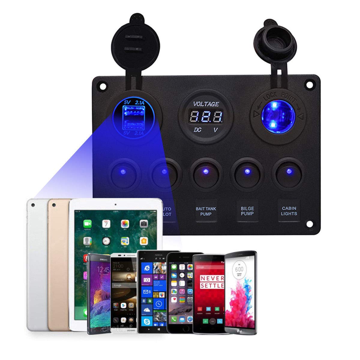 Boat Multi-Functions Panel - 5 Gang ON-OFF Toggle Switch Panel,Dual USB Socket Charger 2.1A&2.1A + Cigarette Lighter + LED Voltmeter for Car Marine RV Truck Camper Vehicles GPS Mobiles (Blue)