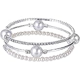 Bruislard Silver Cuff Bracelets Pearl Rhinestone Bracelet for Women Stackable Bangle Bracelet Stretch Multilayer Bridal Wedding Layered Bracelets Jewelry Decoration