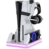 EJGAME PS5 Pro/Slim/PS5 Stand and Cooling Station with RGB Lighting,Charging Station for PlayStation Portal & P5 Controller, PS Portal Charger,Headset and Remote Holders(White)