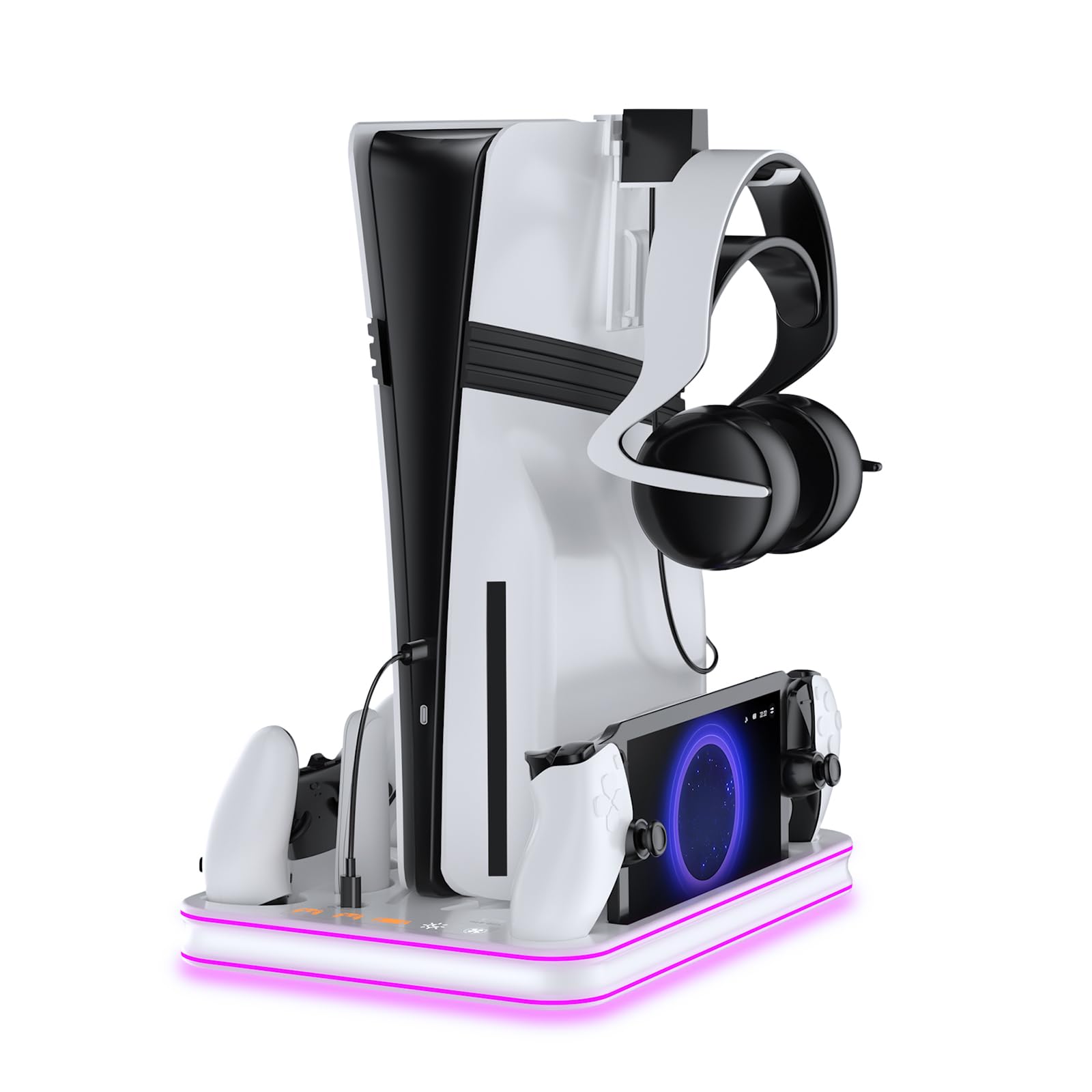 Photo 1 of JDDWIN PS5 Pro / PS5 / Slim/Stand and Cooling Station with LED Controller Charging Station for PlayStation 5 Slim Disc/Pro Digital Edition Console with 3 Level Cooling Fan, WhiteLighting