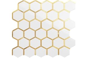 DICOFUN Hexagon Tile Mixed Metal Peel and Stick Backsplash, Self Adhesive Mosaic Tiles for Kitchen and Bathroom (10, White Tile & Gold Studded)