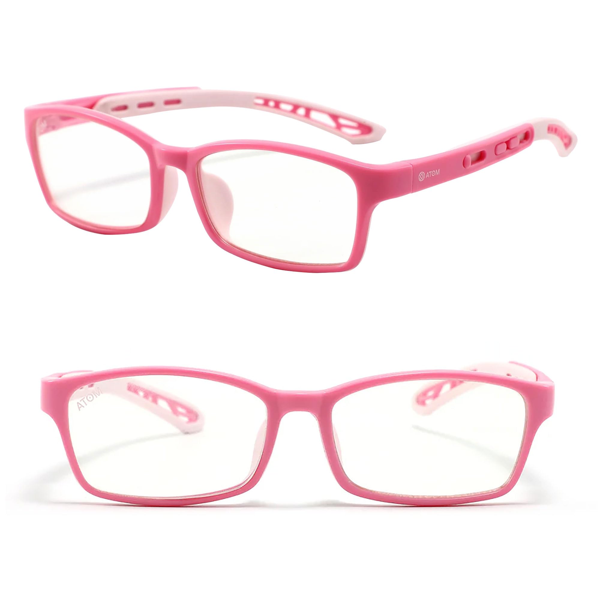 ATOM Blue Light Blocking Glasses for Kids (Age 5-12) - 100% UV Protection & Anti Glare Blue Rays Blocking Eyeglasses for Computer & Gaming | Adjustable Frame Eyewear for Boys & Girls - Baby Pink