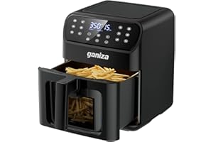 Air Fryers Oven, GANIZA 6 Quart Oilless Air Fryer with Visible Cooking Window, One-Touch Screen with 13 Functions, Nonstick and Dishwasher-Safe Basket, Customized Temp/Time, Black