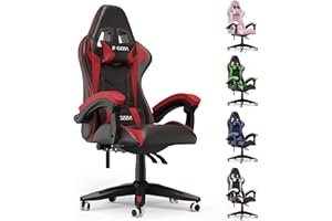 Bigzzia Gaming Chair, Ergonomic Game Chair for Adults, Reclining Racing Chair with Headrest and Lumbar Support, Height Adjustable, Swivel Rolling Game Chairs for Computer/Video, Red