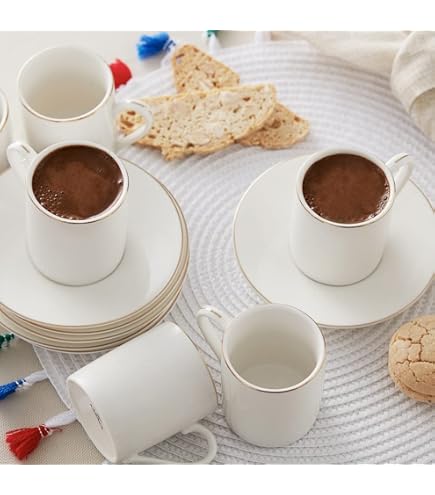 PRECITIME 8-Piece White & Gold Demitasse Set – 2.5oz Cups & Saucers, Porcelain, Dishwasher Safe