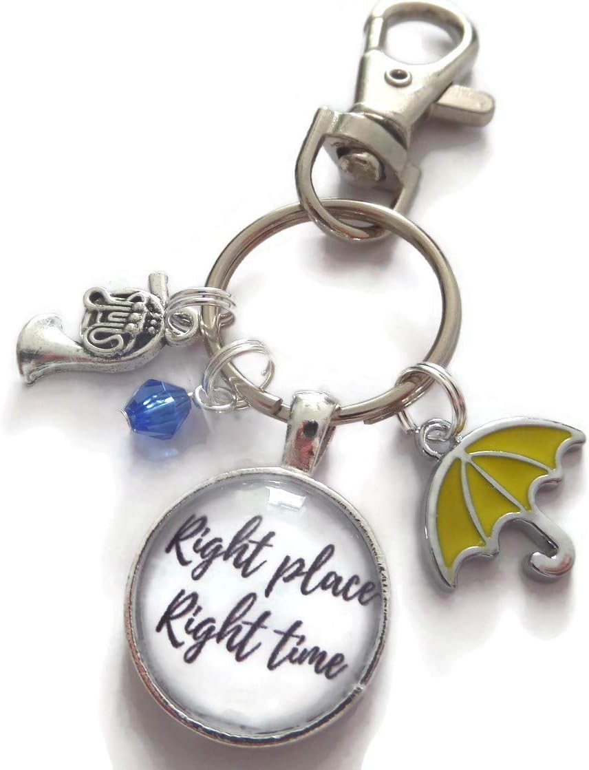 How I met your mother gift, Right place, right time bag clip keyring, tv fandom present, trombone umbrella gift, xmas stocking, cabochon jewellery handmade by Sandy Kisses UK