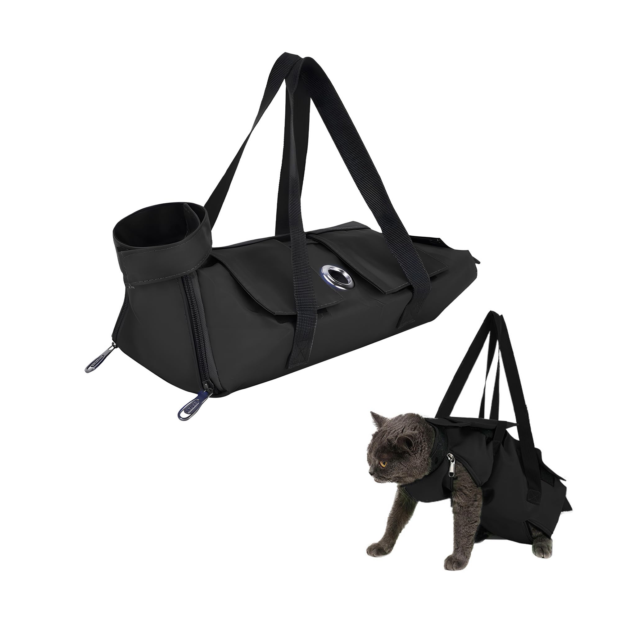 Plliocse Cat Grooming Bag Black Cat Nail Clipping Cleaning Grooming Restraint Bag, Anti Scratch Pet Grooming Bag with Leg Holes for Cats Nail Trimming, Ear Cleaning (Black, M)