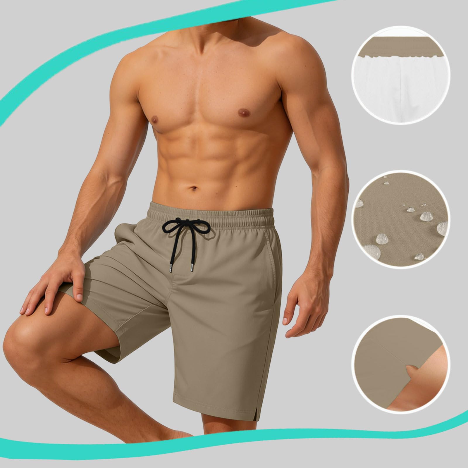 Mens Shorts UK 2026 Mens Summer Shorts with Pockets Casual Elasticated Waist Gym Mesh Lined Holiday Short Men's Sports Trunks Waterproof Quick Dry Surfing Boardshorts Khaki