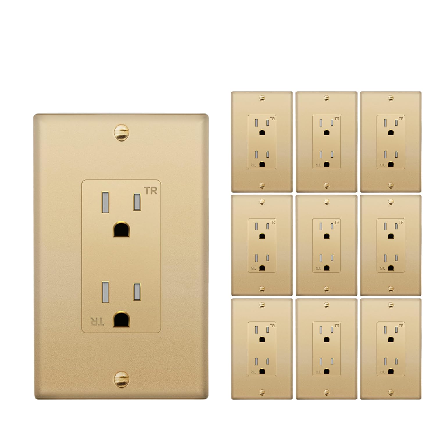 Photo 1 of ** MISSING ITEMS***Micmi Gold Outlet 15A Decorator Receptacle, Tamper Resistant, Decorative Electrical Receptacle, 15 Amp 125 Volt, Grounding with Wall Plate UL Listed (Golden, 10pack)