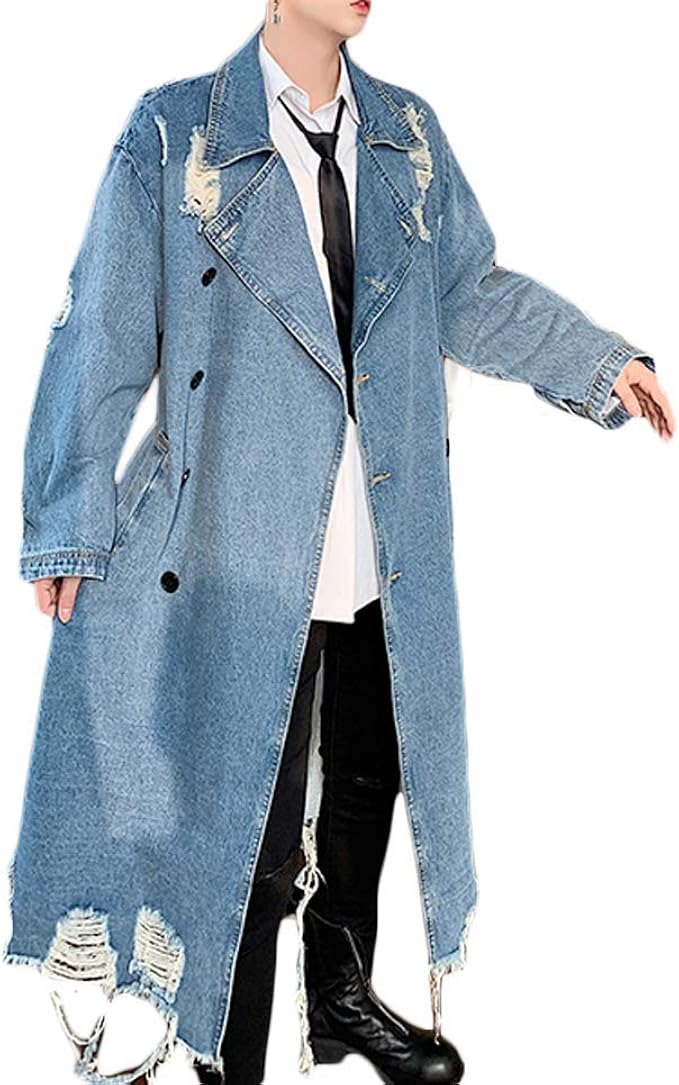 Amazon Habille ﾊﾋﾞｰ メンズ 韓国系 モード トレンチコート デニム ダメージデニム ロング S 2xl おまけ付 2カラー コート ジャケット 通販