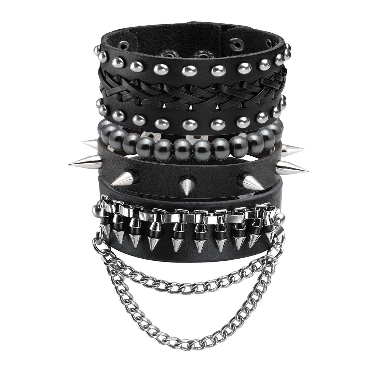 Eigso Vintage Punk Leather Studded Bracelet Set for Men Women Adjustable Spikes Metal Cuff Wristbands for Man Woman