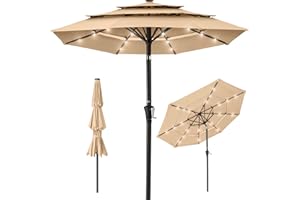 Best Choice Products 10ft 3-Tier Solar Patio Umbrella, Outdoor Market Sun Shade for Backyard, Deck, Poolside w/ 24 LED Lights, Tilt Adjustment, Easy Crank, 8 Ribs - Sand