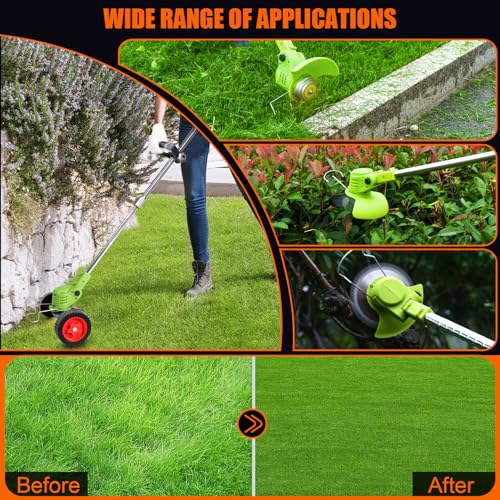 Electric Weed Wacker Cordless with Wheels,24V Electric Weed Eater 3-in-1 Grass Trimmer/Brush Cutter/Edger, 2pcs Batteries&3 Types Blades, Lightweight, Low Noise for Thick Weeds&Yard Garden