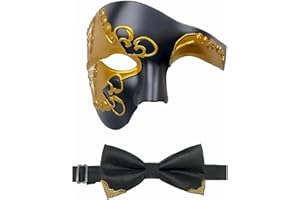 HyperFun Mens Masquerade Mask Phantom of The Opera Half Face Mask with Bowtie, Vintage Venetian Masks for Costume Party