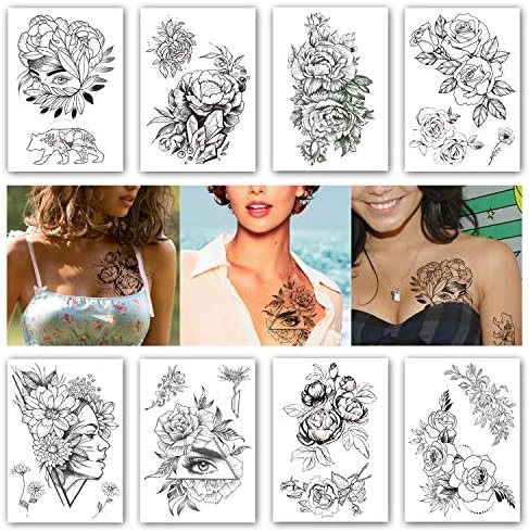 Leoars Black Flower Tattoo Stickers, Geometric Flower Rose Eye Leaves Temporary Tattoos, Waterproof Fake Tattoos for Women Girls, 8-Sheet
