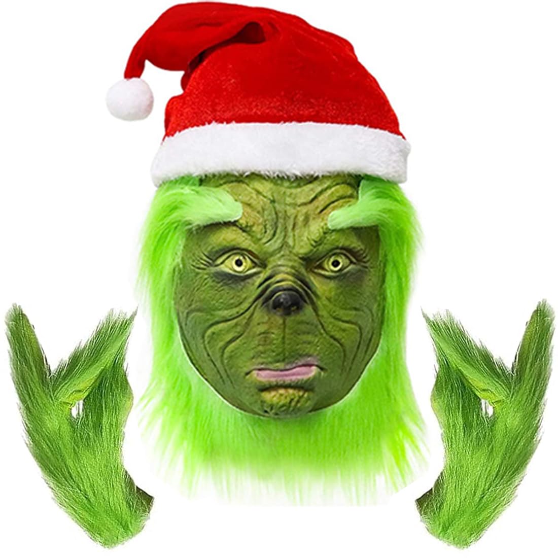 SINSEN 3-Piece Christmas Mask Set - Furry Gloves & Latex Head Mask Cosplay Props for Adults & Teens, Green