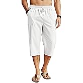 COOFANDY Men's Linen Capri Pants Casual Lightweight 3/4 Baggy Pants Drawstring Elastic Waist Beach Yoga Pants with Pockets