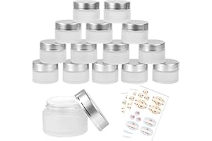 15 Pack 1 oz/ 30 g frosted Round Glass Jars - Empty Cosmetic Refillable Containers with Inner Liners, Silvery White Lids and 