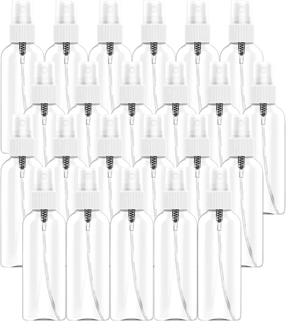 3.4oz Plastic Clear Spray Bottles, 100ml Refillable Fine Mist Sprayer Bottles Makeup Cosmetic Atomizers Empty Small Spray Bottle Container for Essential Oils, Travel, Perfumes (20 Packs)