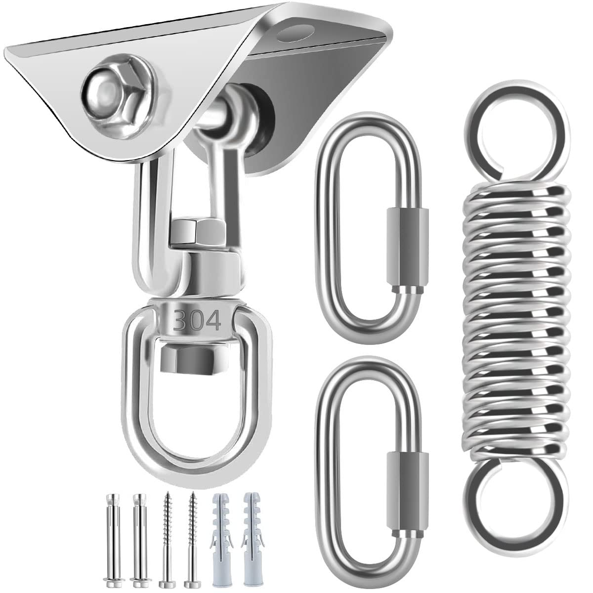 Ceiling Hook Hanging Chair Swing Spring 450 kg Capacity 360° Rotation Heavy Duty Stainless Steel Bracket Swing Hook Hanging Hook with 3 Carabiner Hooks for Hanging Chair Concrete Wood Hammock Punch