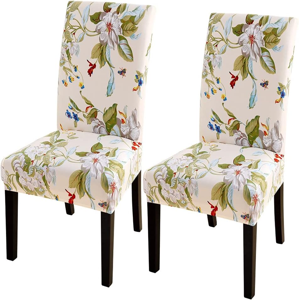 Slipcovers - SearchI Dining Room Chair Covers Slipcovers Set of 2, Spandex Super Fit Stretch Removable Washable Kitchen Parsons Chair Covers Protector for Dining Room,Hotel,Ceremony,Beige+Flowers