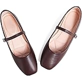 LUXINYU Mary Jane Flats for Women Soft Leather Square Toe Ballet Shoes Adjustable Buckle Strap Comfortable Walking Shoes,Coffee 7