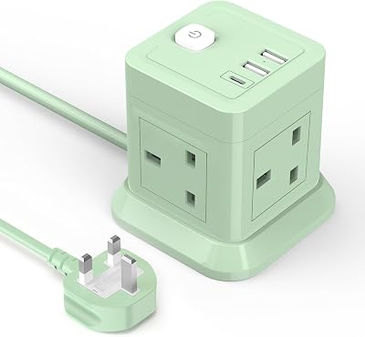 BEVA Cube Extension Lead with USB 4 Outlets 3 USB Ports 1.5m Green