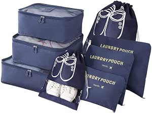 Vicloon Organizador de Equipaje,8 en 1 Set de Organizadores de Viajes,  Impermeable Organizador de Maleta Bolsa Incluir 3 Cubos de Embalaje,3 Bolsos  de la Compresión y 2 Bolsas de Zapatos (Azul Oscuro) :