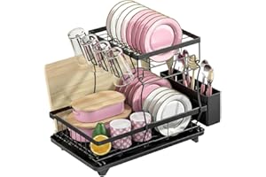 Space-Saving 2-Tier Dish Drying Rack with drip Tray, Swivel spout, Utensil Holder and More, Perfect for Small Kitchen counter