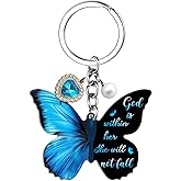 OWIGIU Butterfly Keychains for Women Christian Keychain Bible Quotes Spiritual Gifts for Women Religious Bible Verse Gifts Christian Accessories Blue Butterfly Charms for Purses