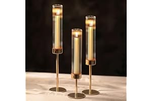 NUPTIO Tall Candlestick Holders for Centerpiece: Hurricane Candle Stick Holders with Ribbed Glass Sleeve - Gold Metal Candleholder Set of 3 for Table Fireplace Living Room Decor