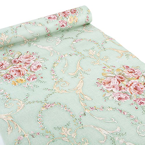 Ya Jin Vintage Flower Shelf Liner Dresser Drawer Sticker Self-Adhesive Cabinet Desk Contact Paper Green-Rose - Thumbnail 4