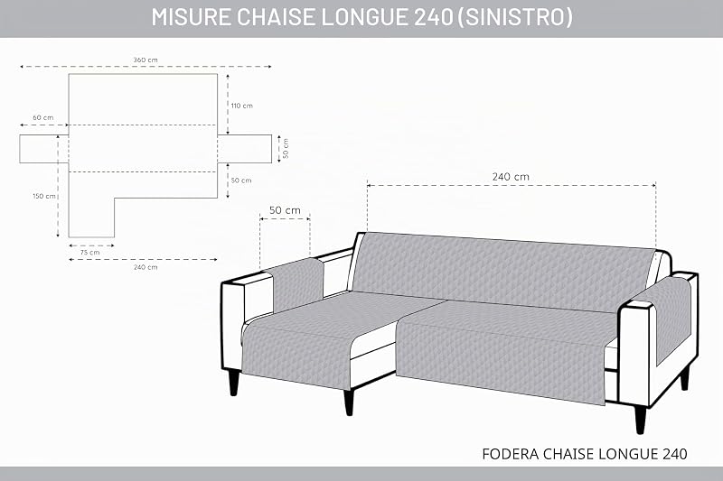 Textilhome Copridivano Penisola ADELE 3 Posti 240 cm Sinistra Nero
