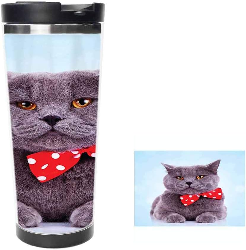 Tuxedo Gray Scottish Fold Theme with Vermilion White Polka Dots Tie Bow Baby Blue FunCoffee Cup,Drinking Cup, Female Male,Double stainless steel vacuum insulation，Thermos cup-18oz-511ML