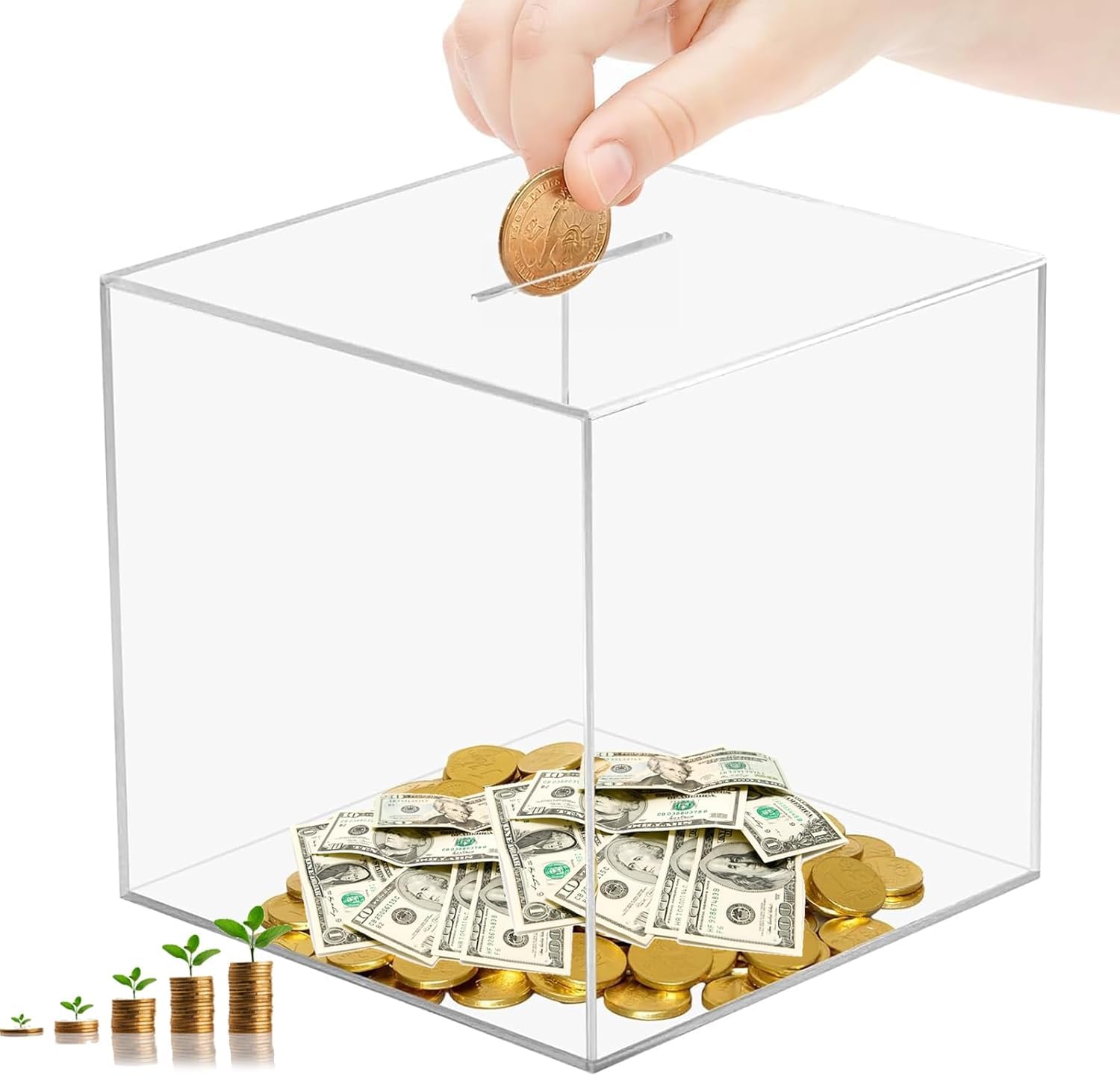 SUNJULY 15x15CM Clear Acrylic Money Box,Glass Unbreakable Bank Transparent, Saving Piggy Box Acrylic Money Saving Box For Adults Or Kids (5.9”x5.9”)