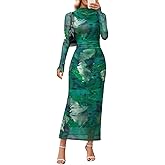 MEROKEETY Women's Spring Wedding Guest Dress 2026 Long Sleeve Bodycon Floral Mesh Fall Cocktail Holiday Party Maxi Dresses