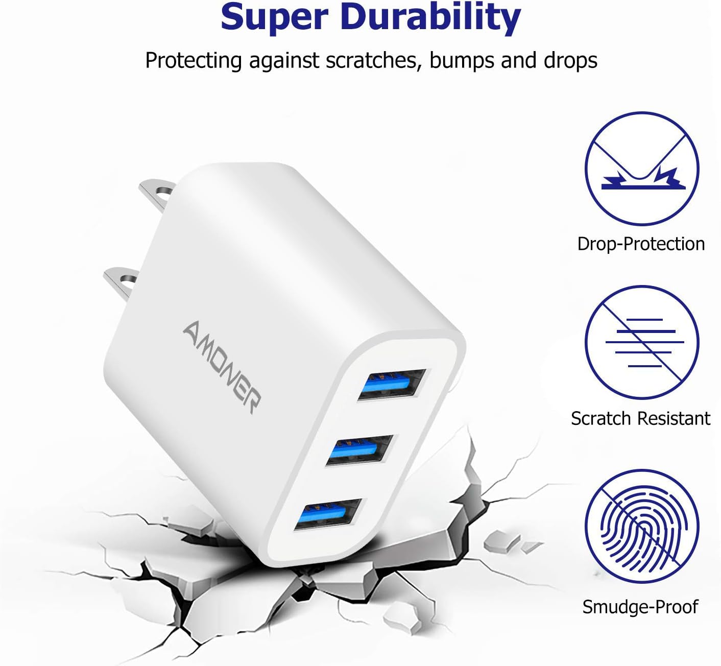 Wall Charger, Amoner Upgraded 2Pack 15W 3-Port USB Plug Cube Portable Wall Charger Plug for iPhone Xs/XS Max/XR/X/8/7/6/Plus, iPad Pro/Air 2/Mini 2, Galaxy9/8/7, Note9/8, LG, Nexus and More