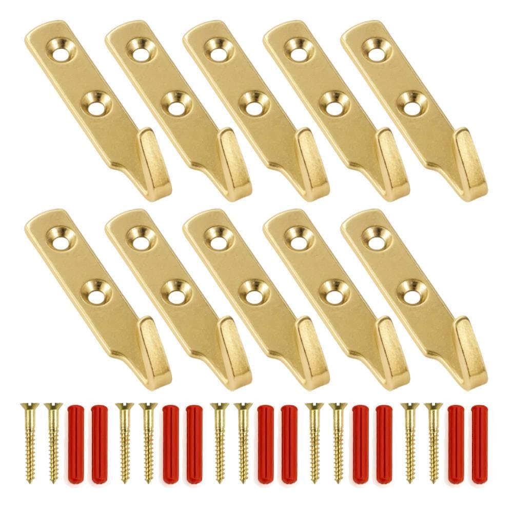 10 x Heavy Duty J Picture Hanging Hooks by Swish – Brass Wall Hooks with 20 Screws & 20 Raw Plugs Included – Strong Mirror & Picture Rail Hanging Hardware for Home, Office & Gallery Mounting
