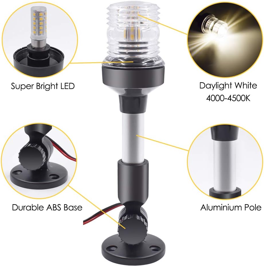 Acelane Marine All Round Fold Down Stern Light 9 Inch Anchor Light White LED Marine Boat Navigation Light 2NM IP66 Waterproof 360° 2NM Visibility for Fishing Boat Yacht Pontoon: Automotive