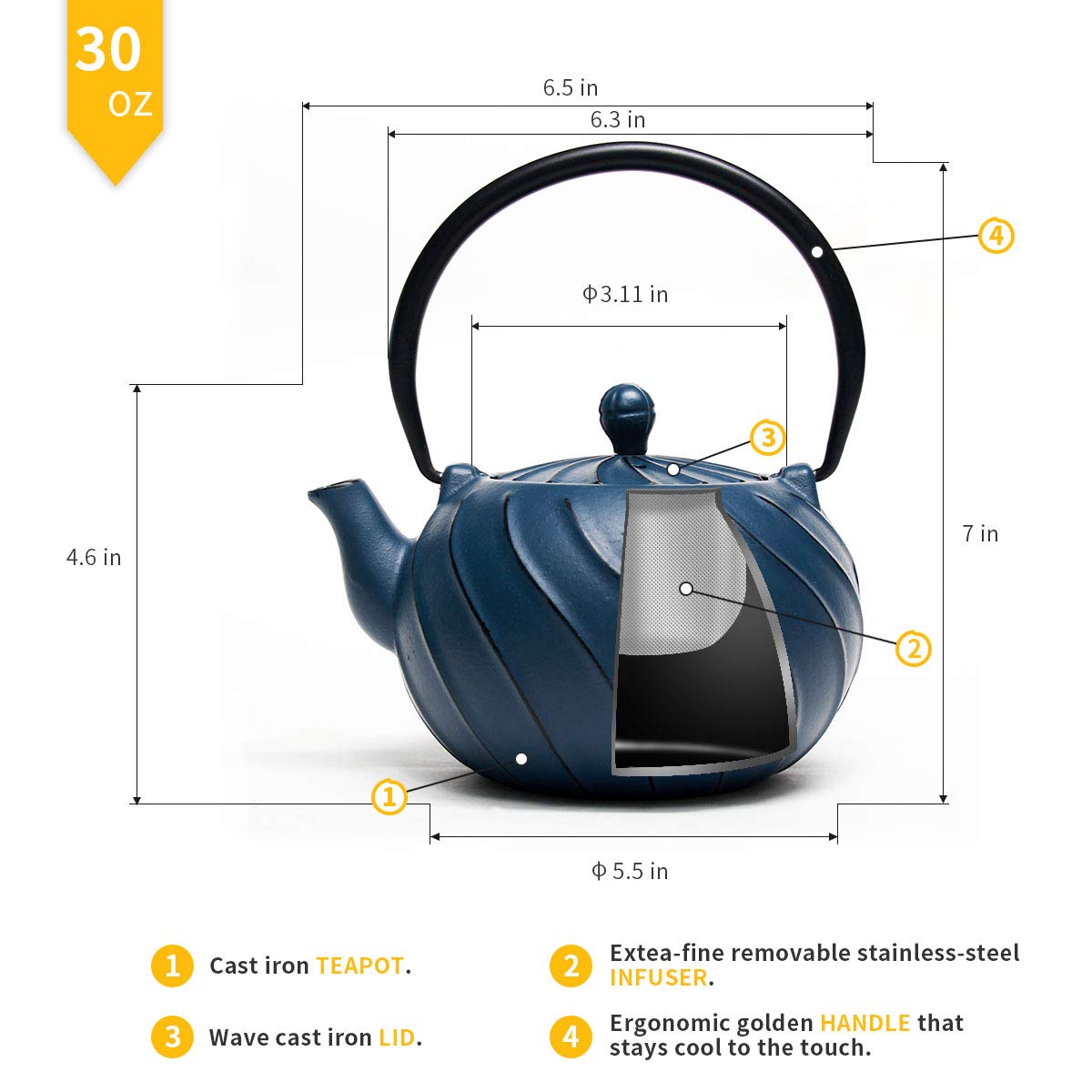 Tea Kettle, TOPTIER Japanese Cast Iron Teapot with Stainless Steel Tea Infuser | Durable Cast Iron Kettle Set [Wave Design] Coated with Full Enameled Interior for 30 Ounce / 900 ml, Navy Blue