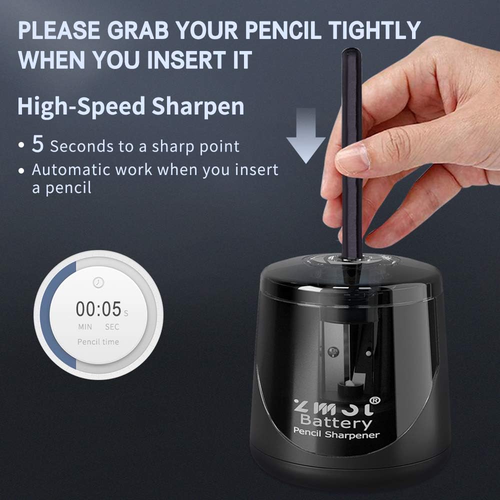 Battery Powered Electric Pencil Sharpener, Fast Sharpen, Suitable for No.2/Colored Pencils(6-8mm), School/Classroom/Office/Home（2 AA batteries，2 replacement blades and 1 brush included） (Black) : Office Products