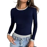 Cicy Bell Womens Long Sleeve Tops Patchwork Crewneck Slim Fit Shirts Going Out Casual Fall Basic Tees