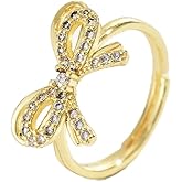 18K Gold Plated Stackable Bow Rings for Women Dainty Adjustable Open Cubic Zirconia Friendship Bow Knot Rings