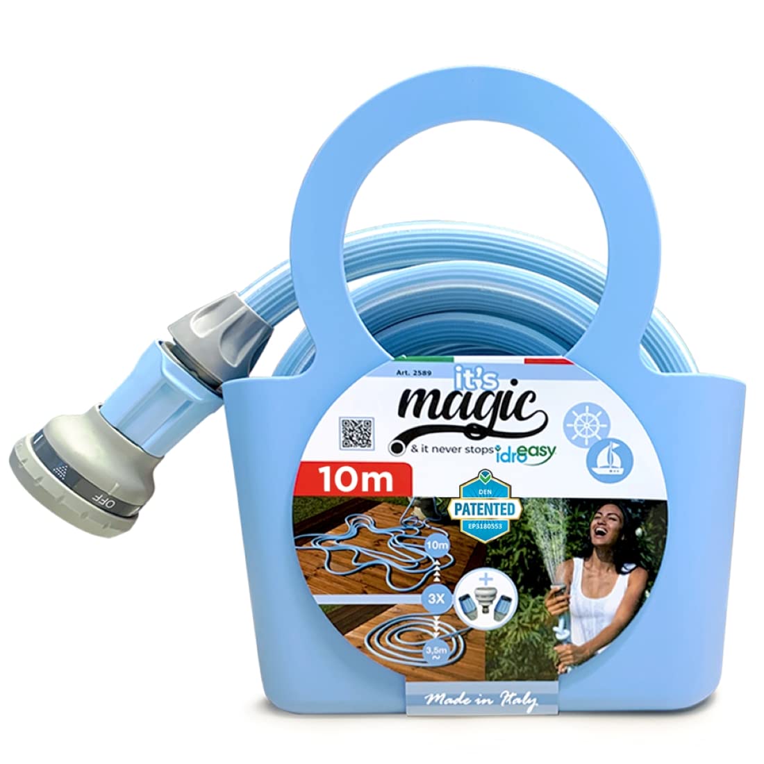 Idroeasy, 10 Meter Expandable Garden Hose Kit 5/8" with Shower Head, Fittings and Bag, 3-Way Extendable Water Pipe, Lightweight, Knot-Free, Non-Toxic Hose for Terraces and Balconies, Made in Italy