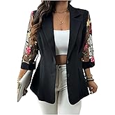 WDIRARA Women's Plus Size Floral Embroidered Mesh Button Down Blazer 3/4 Sleeve Collared Suit Jackets