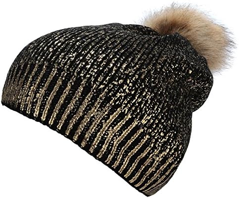 Thick Sparkly Knit Hat Metallic Shine Faux Fur Pom Pom Slouch Beanie Hats Black Gold