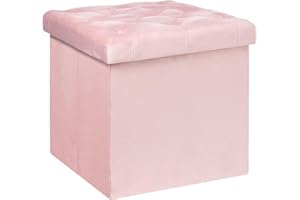 B FSOBEIIALEO Storage Ottoman Cube, Velvet Tufted Folding Ottomans with Lid, Footrest Stool Padded Seat for Bedroom (Pink, Me