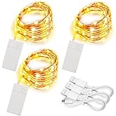 soltuus 3 Pack Rechargeable String Fairy Lights 10ft 30 LED, 4 Modes Copper Wire Christmas Starry Lighting, Waterproof Micro Firefly Moon Light, Warm White, Battery and USB Cable Included