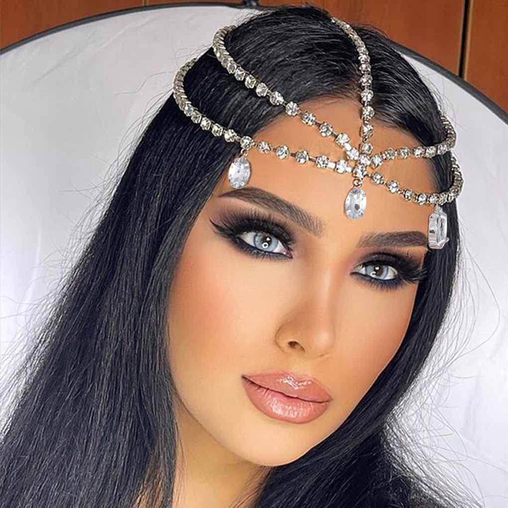 Photo 1 of Yalice Layered Head Chain Rhinestone Head Jewelry Sparkly Bridal Headpieces Sparkle Crystal Headbands Wedding Prom Hair Jewelry for Women and Girls (Silver, One Size)
